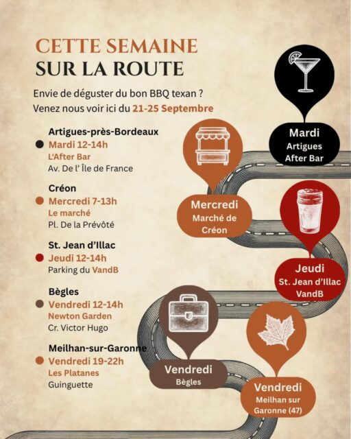 Où vas t'on cette semaine ?
Maintenant que Bertha s'est fait une petite beauté, elle est prête à reprendre du service. 5 spots pour venir nous voir incluant une petite nouveauté et la dernière @lesplatanes47180 😢 #food #foodtrucks #texasbbq #bbq #bordeauxfood